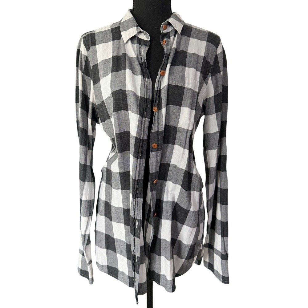 J Crew Plaid Flannel Button Shirt Womens 14 Tall Black White Normcore Grunge